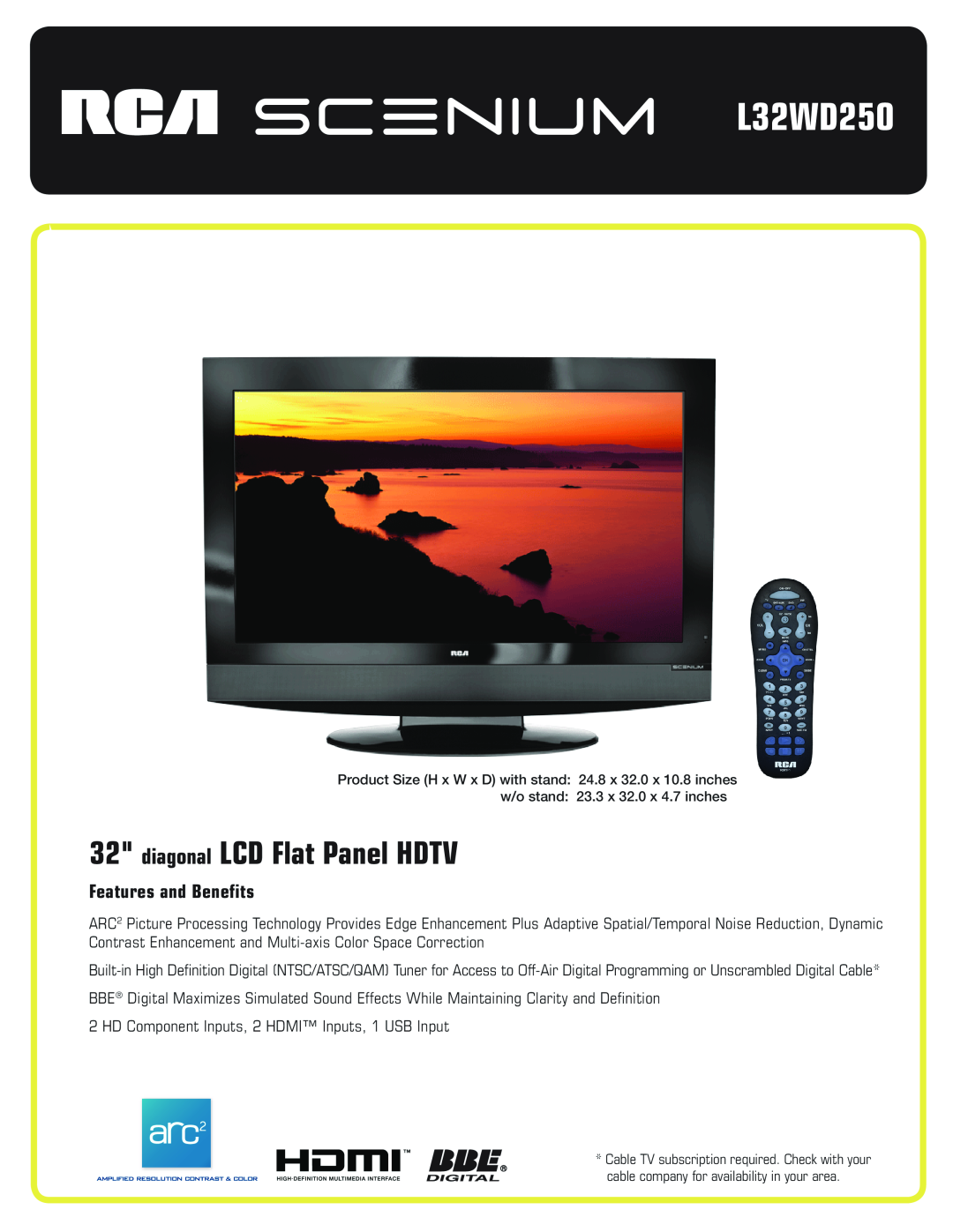 RCA L32WD250 manual diagonal LCD Flat Panel HDTV, Features and Benefits 