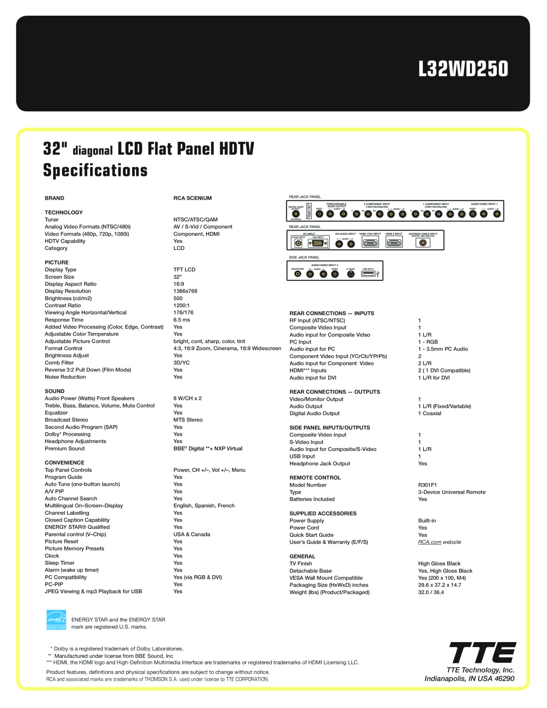 RCA L32WD250 manual diagonal LCD Flat Panel HDTV Specifications, TTE Technology, Inc. Indianapolis, IN USA, RCA.com website 