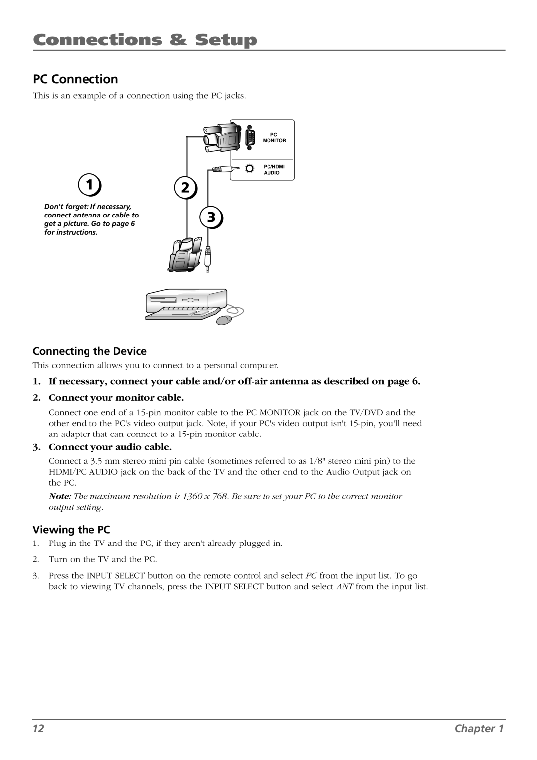 RCA L32WD26D warranty PC Connection, Viewing the PC 