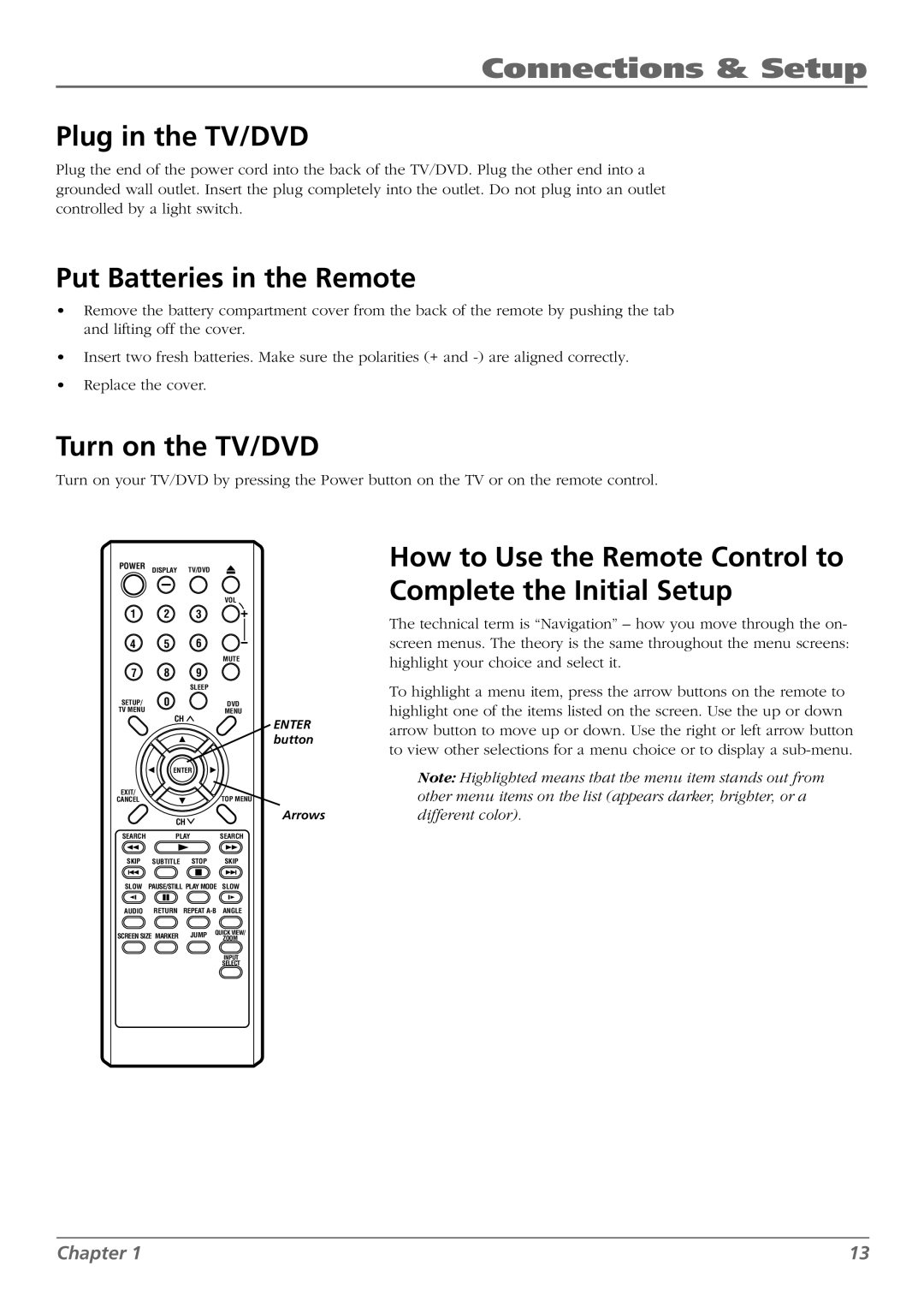 RCA L32WD26D warranty Plug in the TV/DVD, Put Batteries in the Remote, Turn on the TV/DVD 