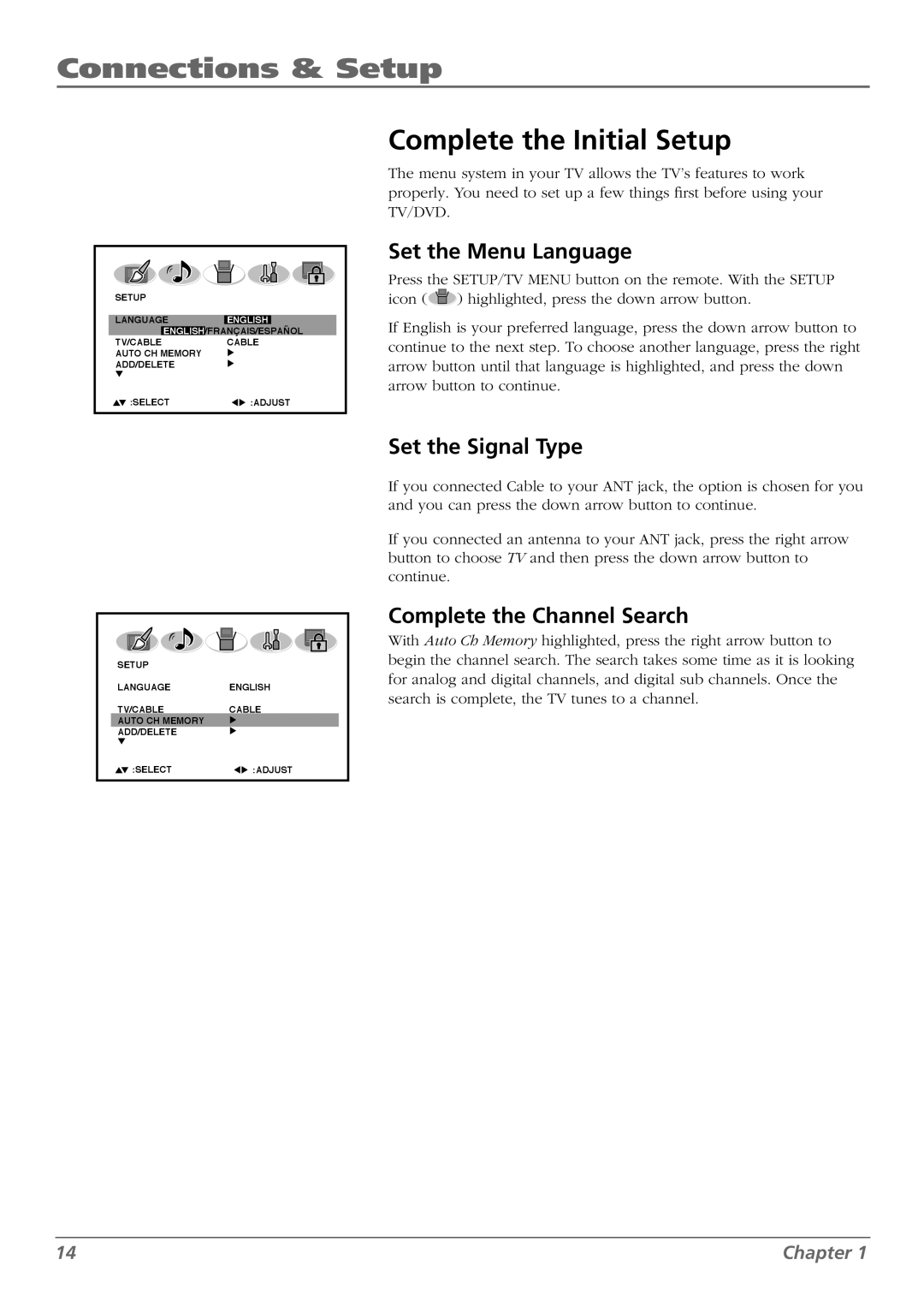 RCA L32WD26D warranty Complete the Initial Setup, Set the Menu Language, Set the Signal Type, Complete the Channel Search 