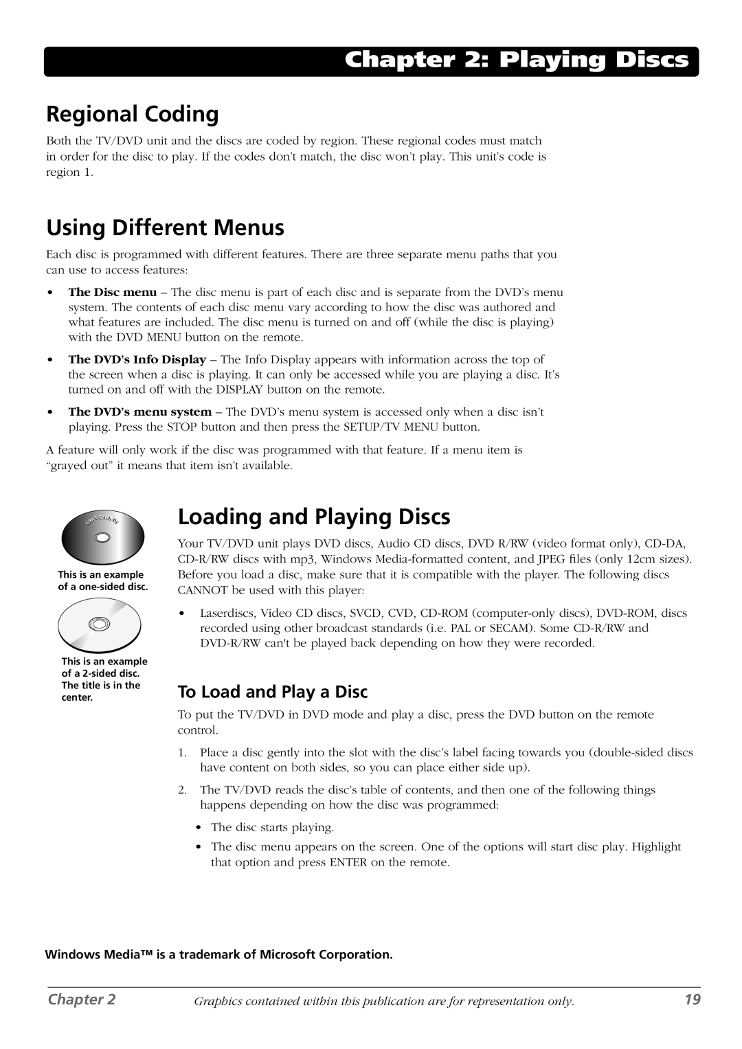 RCA L32WD26D warranty Regional Coding, Using Different Menus, Loading and Playing Discs, To Load and Play a Disc 