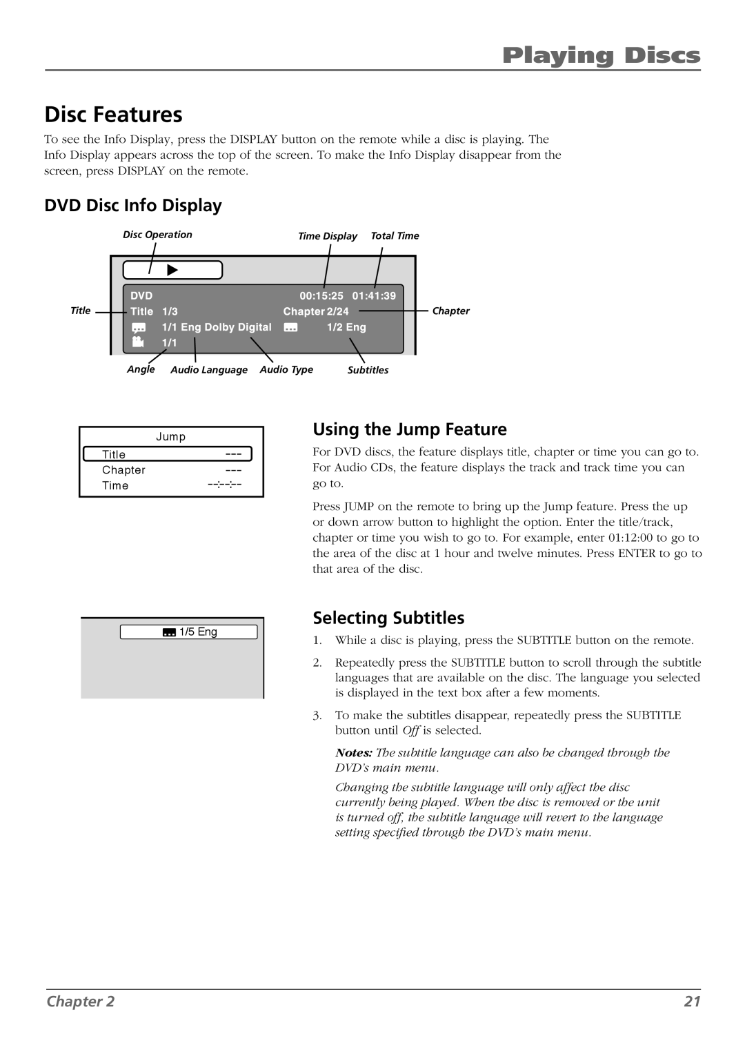 RCA L32WD26D warranty Disc Features, DVD Disc Info Display, Using the Jump Feature, Selecting Subtitles 