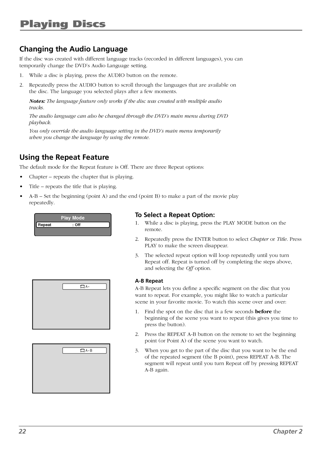 RCA L32WD26D warranty Changing the Audio Language, Using the Repeat Feature, To Select a Repeat Option 