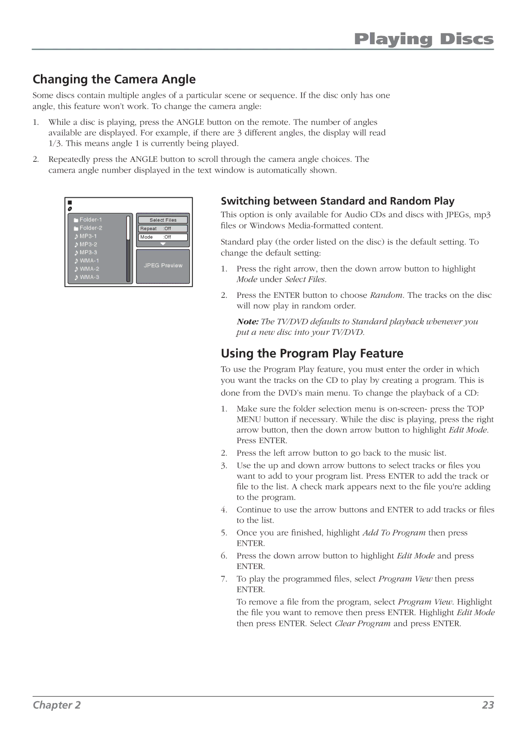 RCA L32WD26D warranty Changing the Camera Angle, Using the Program Play Feature, Switching between Standard and Random Play 