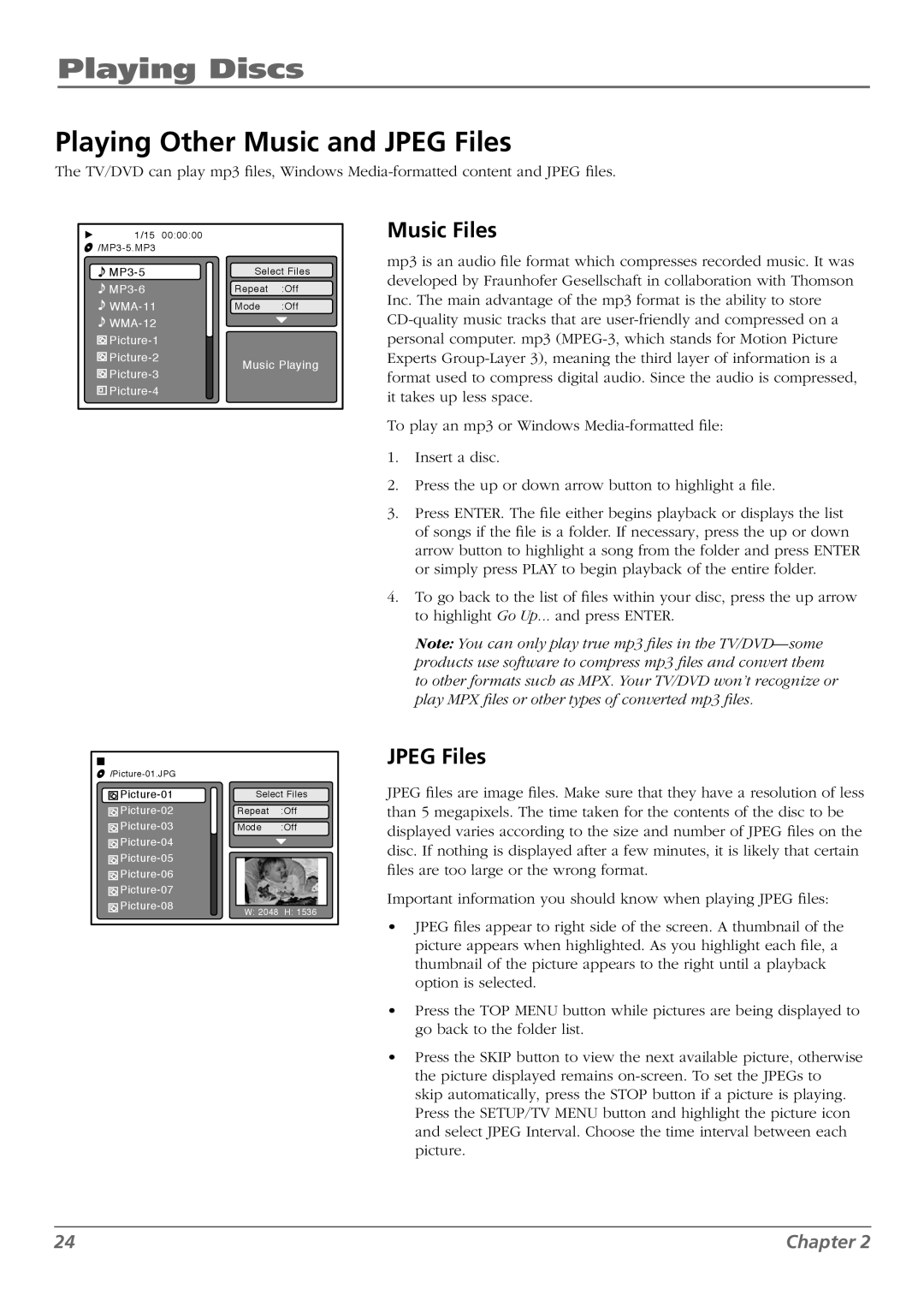 RCA L32WD26D warranty Playing Other Music and Jpeg Files, Music Files 