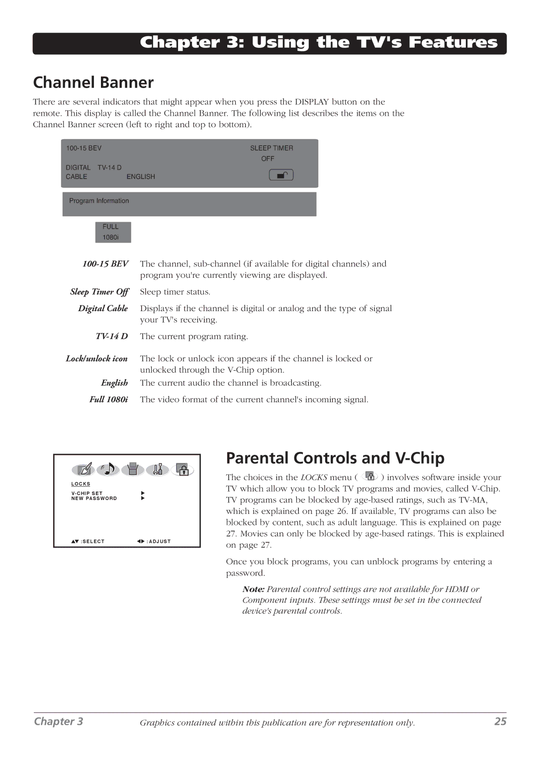 RCA L32WD26D warranty Using the TVs Features, Channel Banner, Parental Controls and V-Chip 