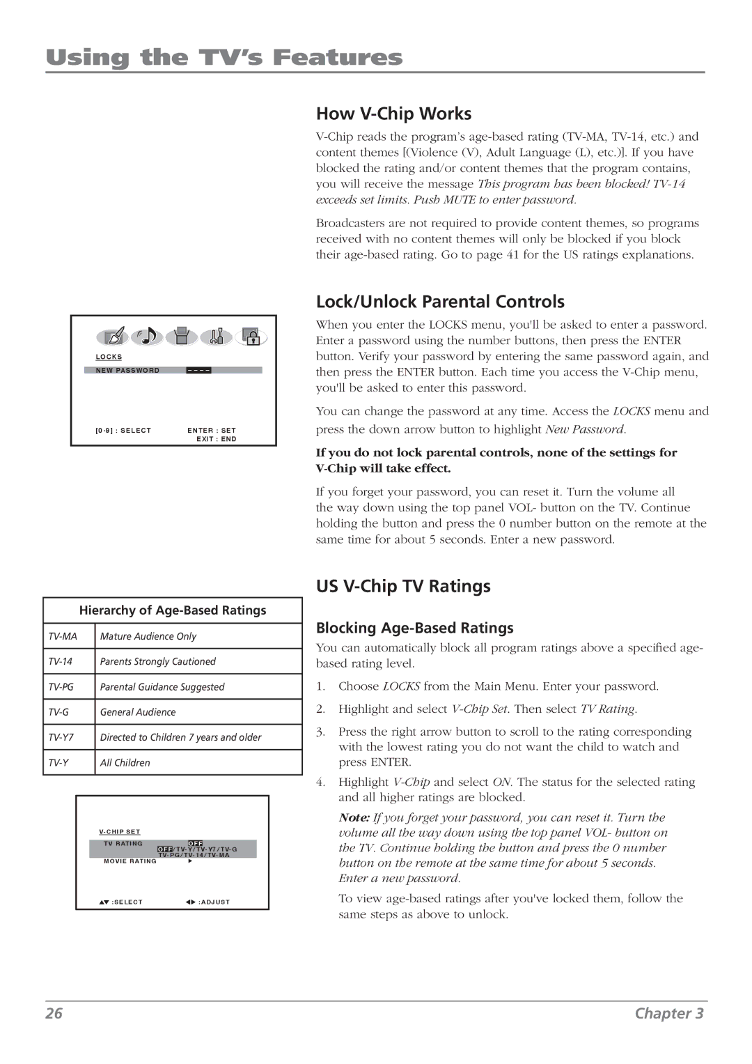 RCA L32WD26D warranty Using the TV’s Features, How V-Chip Works, Lock/Unlock Parental Controls, US V-Chip TV Ratings 