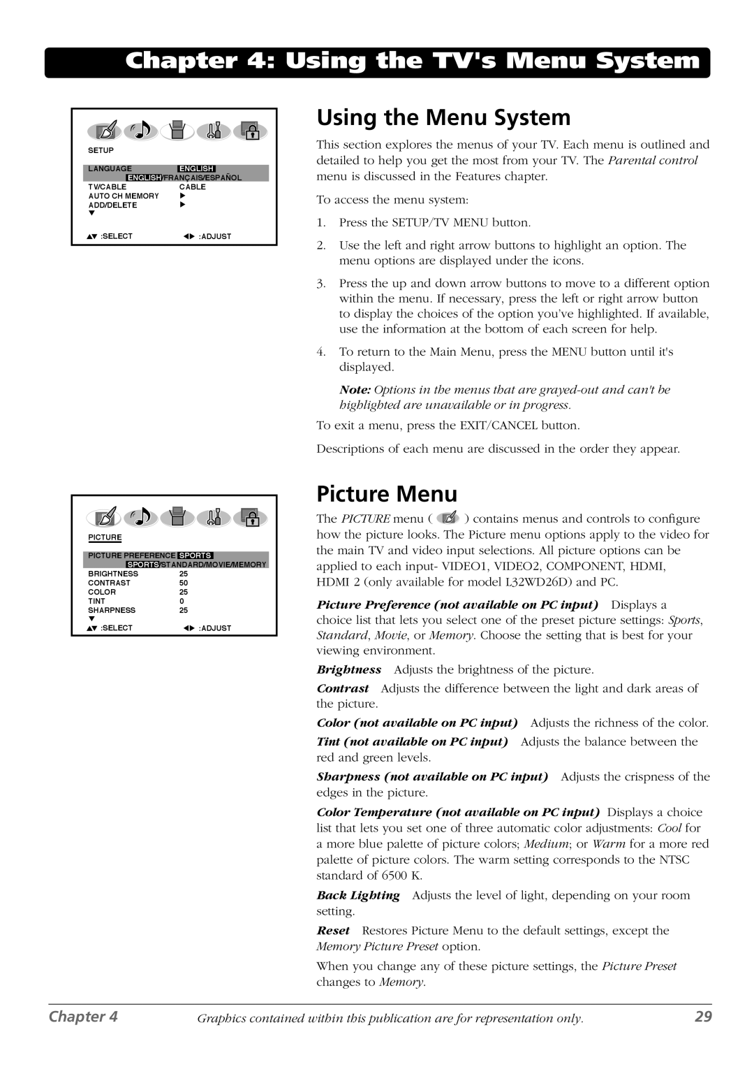 RCA L32WD26D warranty Using the TVs Menu System, Using the Menu System, Picture Menu 