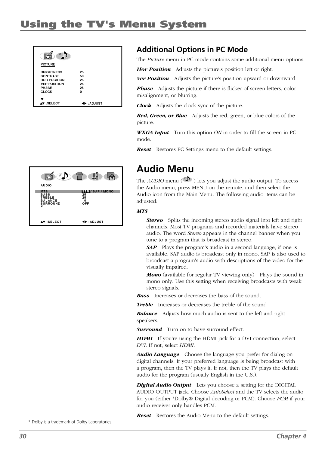 RCA L32WD26D warranty Using the TVs Menu System, Audio Menu, Additional Options in PC Mode 