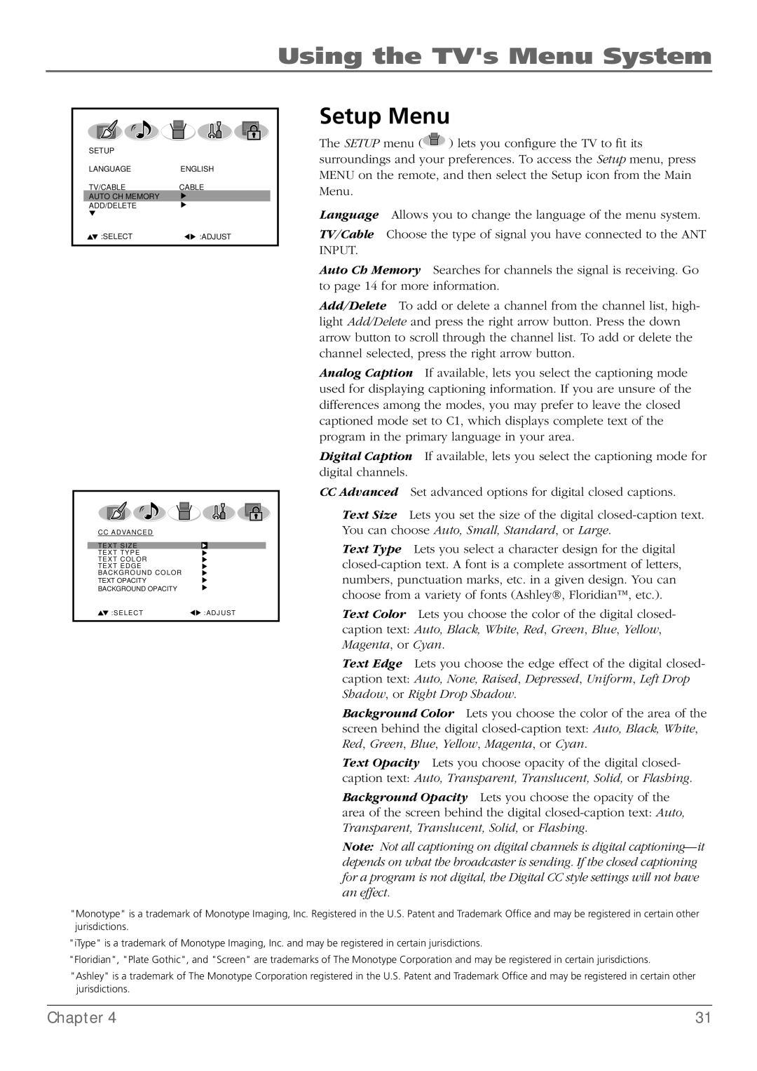 RCA L32WD26D warranty Setup Menu 