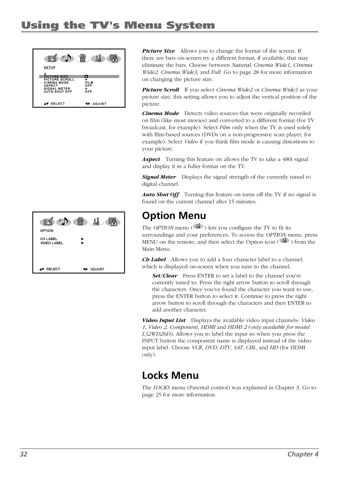 RCA L32WD26D warranty Option Menu, Locks Menu 