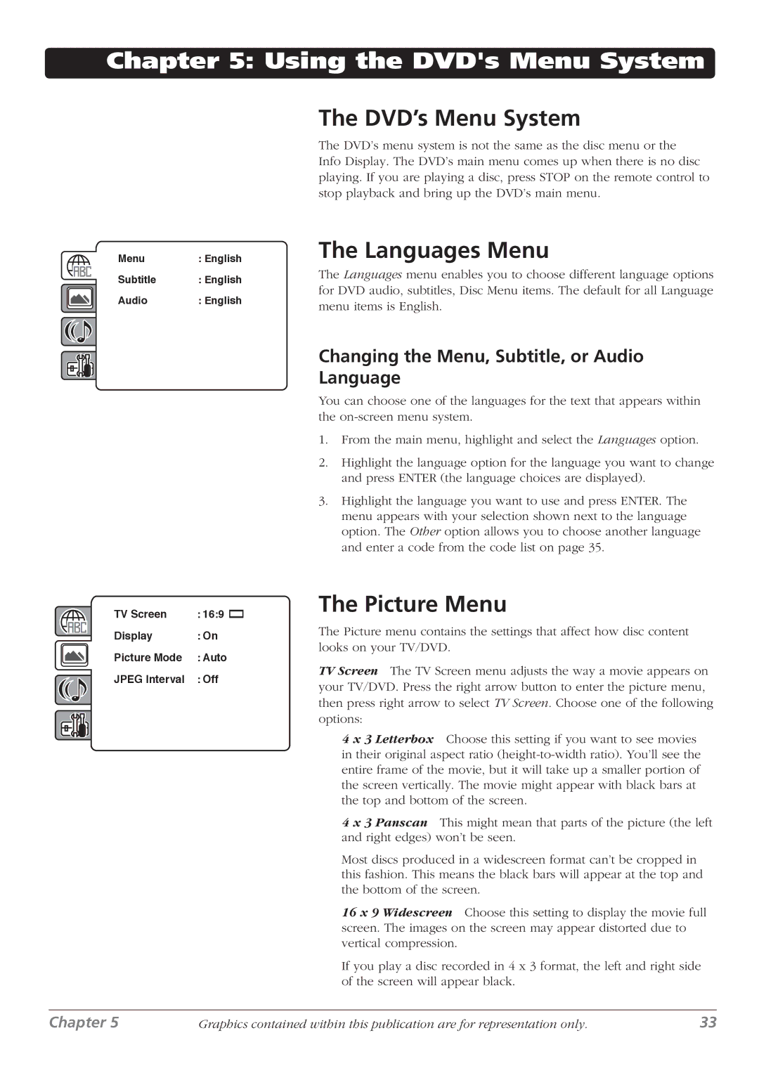 RCA L32WD26D Using the DVDs Menu System, DVD’s Menu System, Languages Menu, Changing the Menu, Subtitle, or Audio Language 