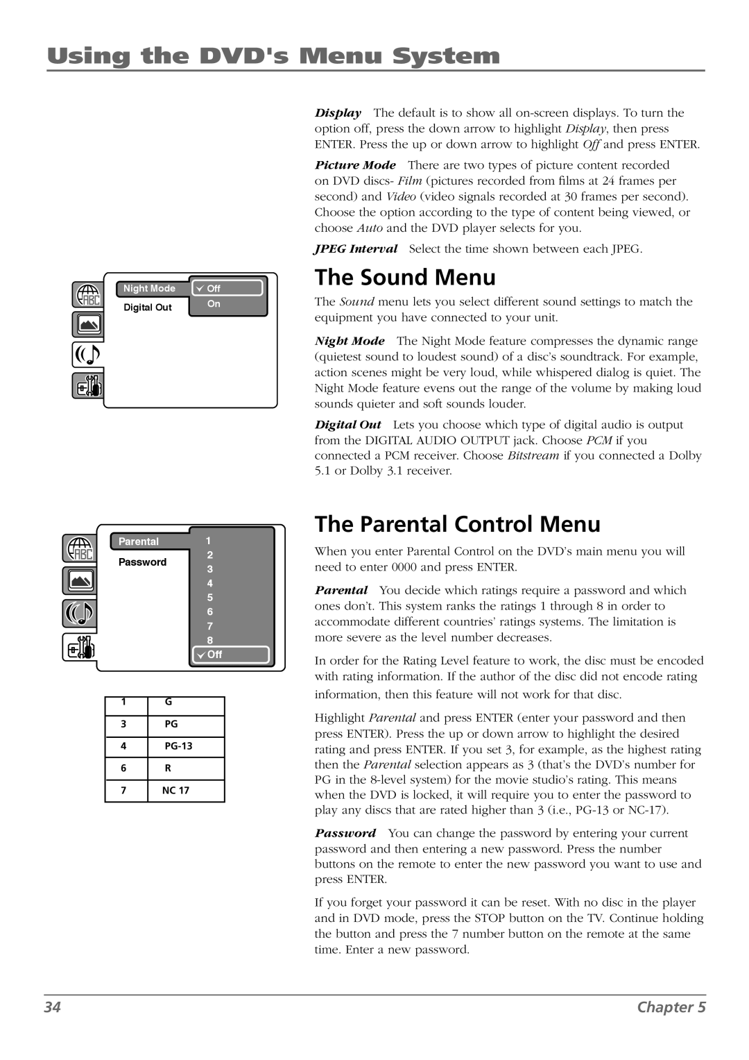 RCA L32WD26D warranty Using the DVDs Menu System, Sound Menu, Parental Control Menu 