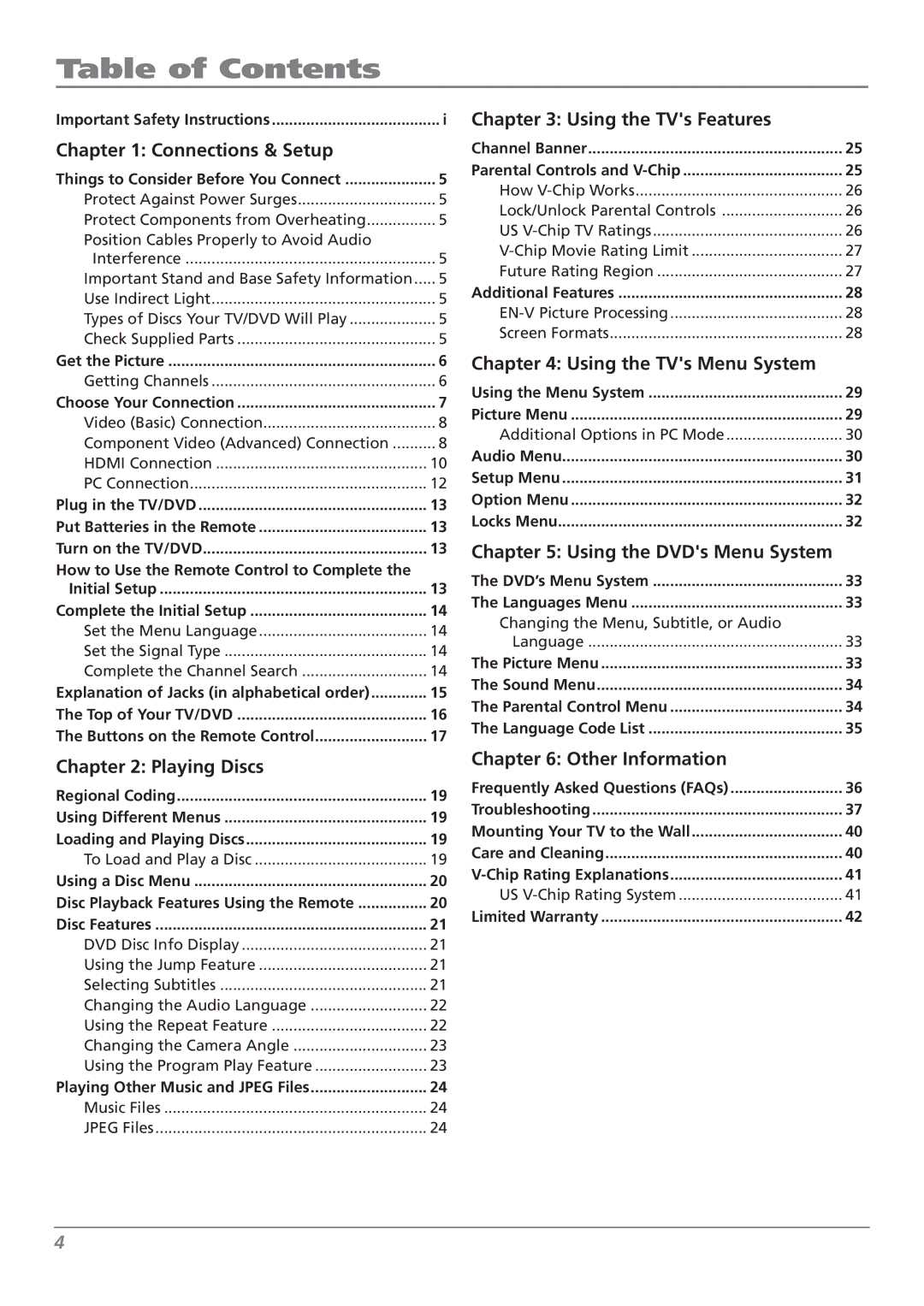 RCA L32WD26D warranty Table of Contents 