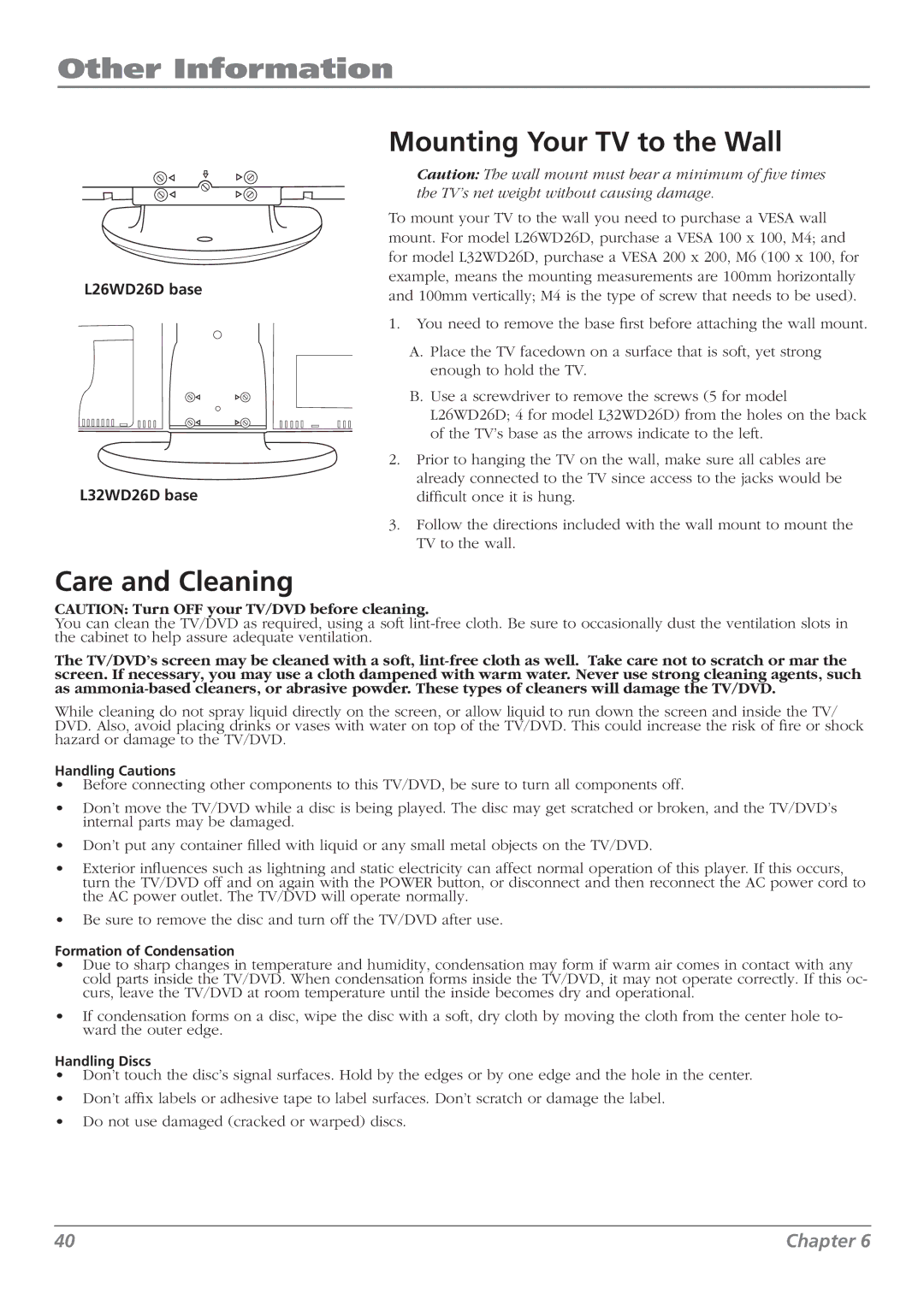 RCA L32WD26D warranty Mounting Your TV to the Wall, Care and Cleaning 