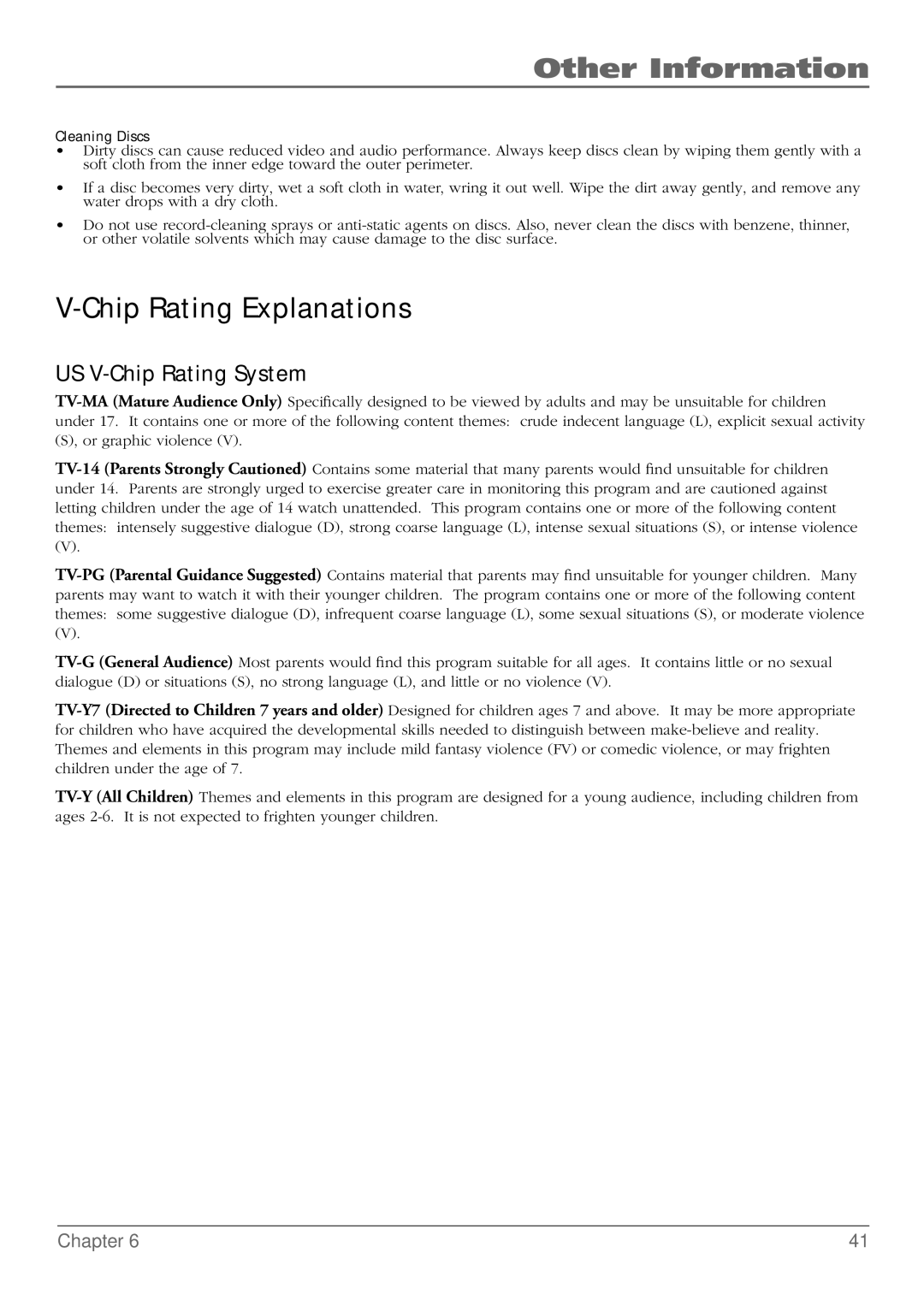 RCA L32WD26D warranty Chip Rating Explanations, US V-Chip Rating System 