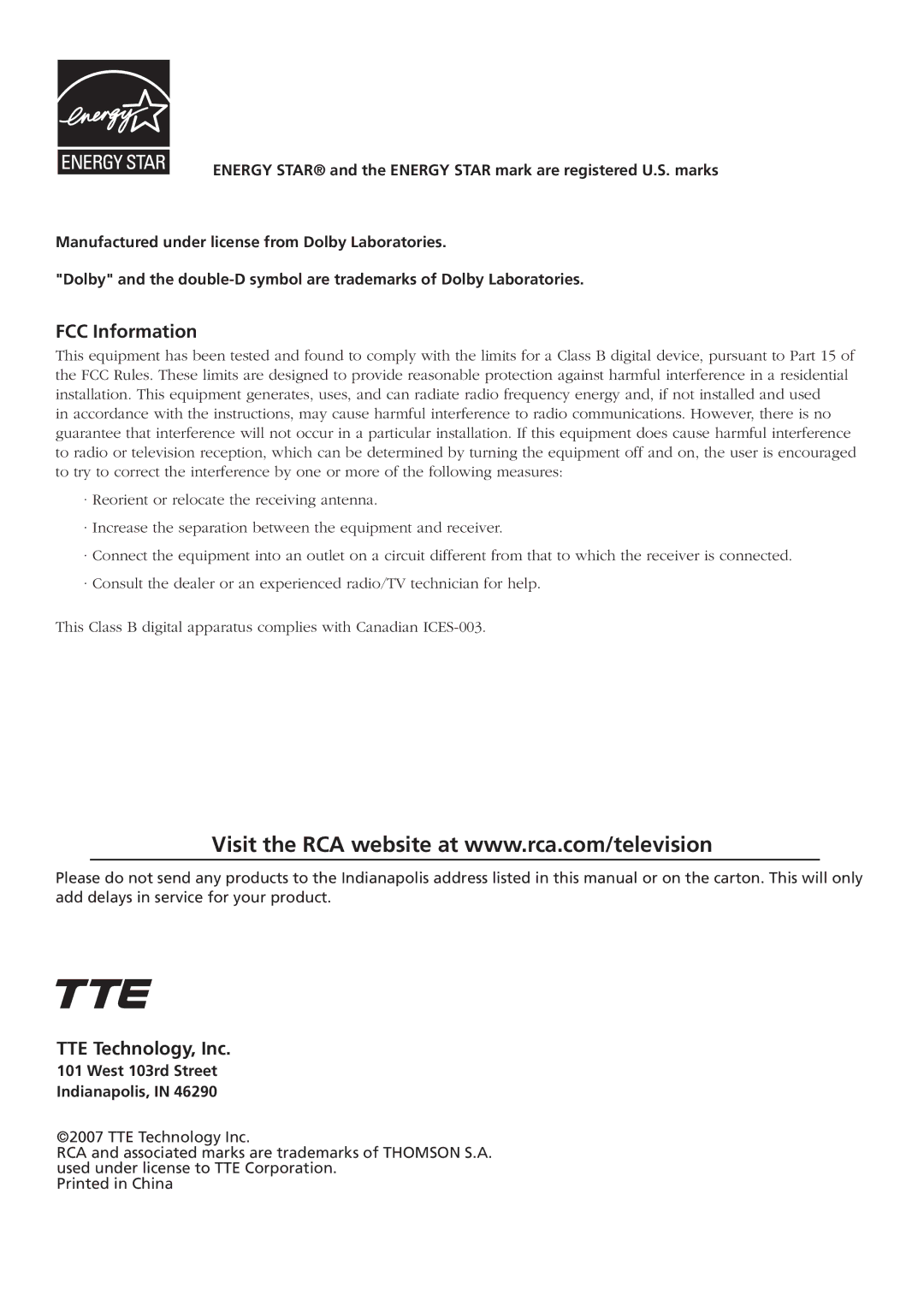 RCA L32WD26D warranty FCC Information, TTE Technology, Inc 