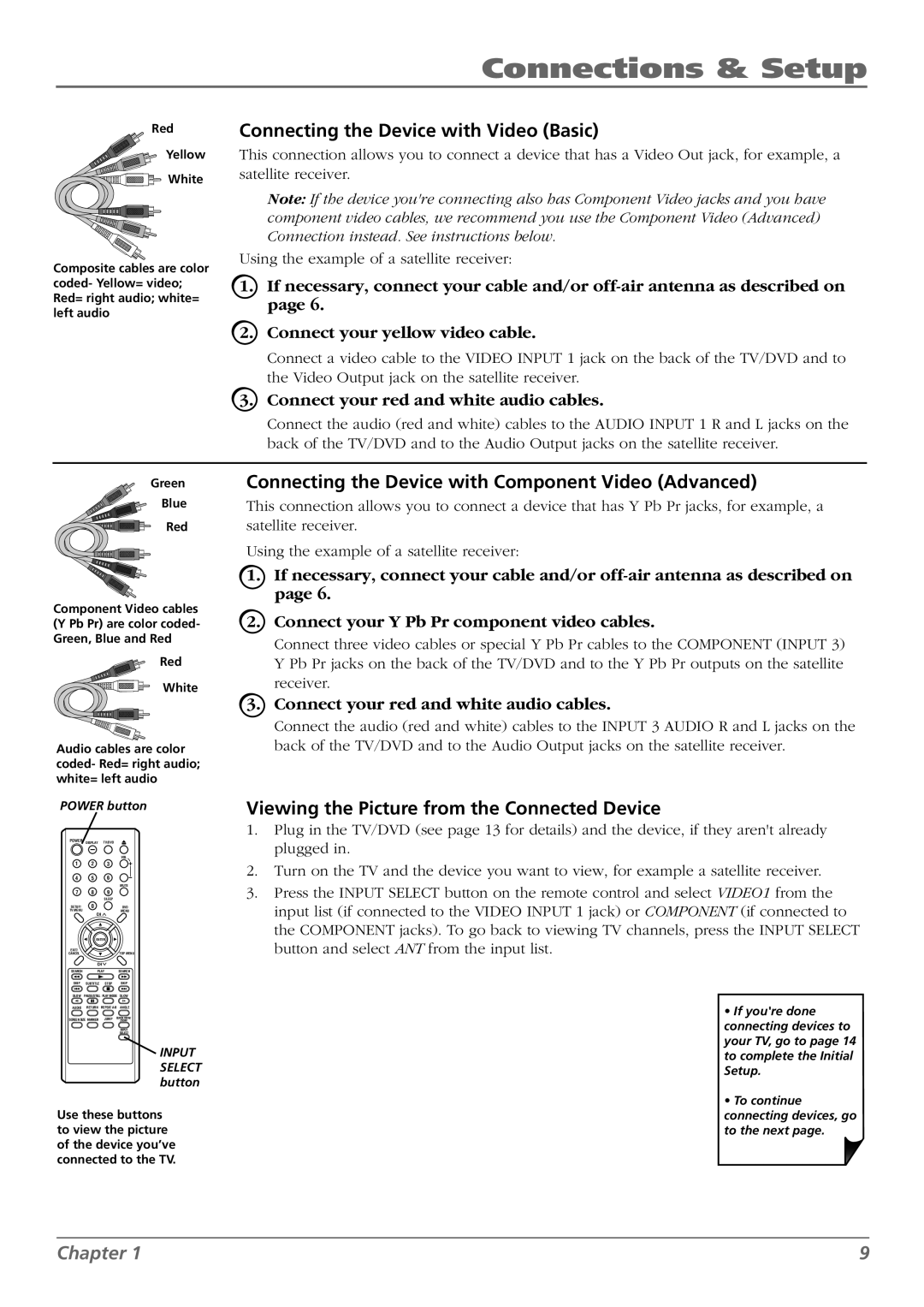 RCA L32WD26D warranty Connecting the Device with Video Basic, Connecting the Device with Component Video Advanced 