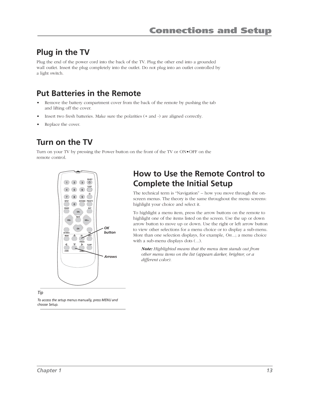 RCA L37WD12 manual Plug in the TV, Put Batteries in the Remote, Turn on the TV 