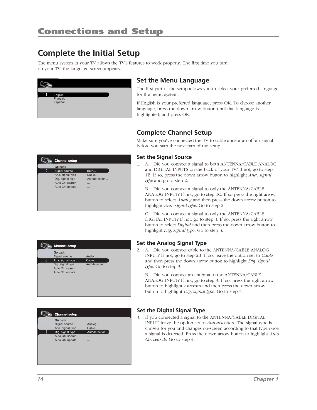 RCA L37WD12 manual Complete the Initial Setup, Set the Menu Language, Complete Channel Setup 