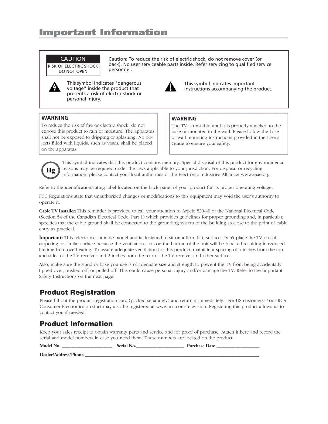 RCA L37WD12 manual Important Information, Product Registration Product Information 