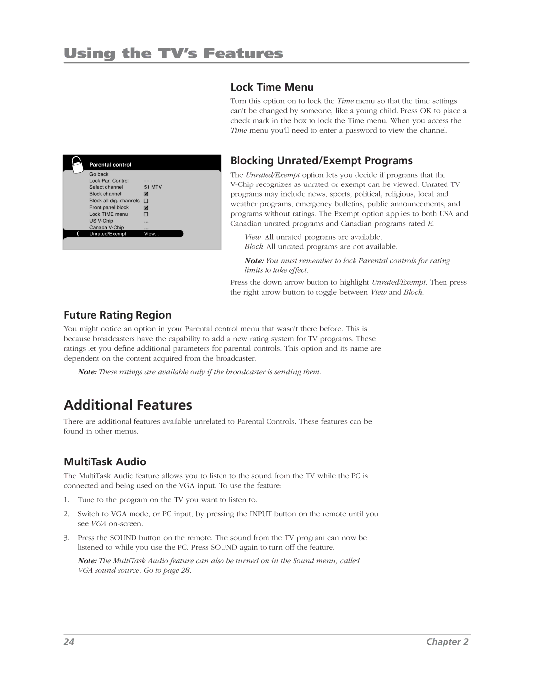 RCA L37WD12 Additional Features, Lock Time Menu, Future Rating Region, Blocking Unrated/Exempt Programs, MultiTask Audio 