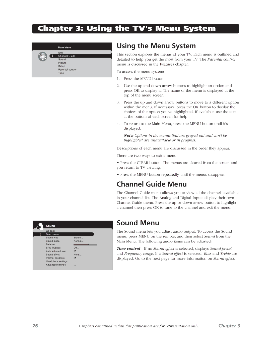 RCA L37WD12 manual Using the Menu System, Channel Guide Menu, Sound Menu 