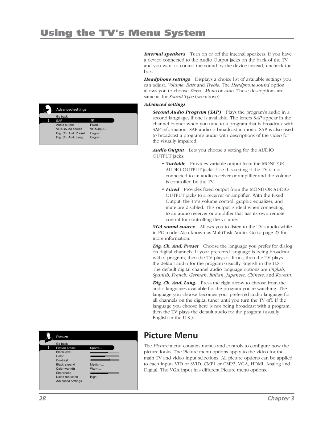 RCA L37WD12 manual Picture Menu, Advanced settings 