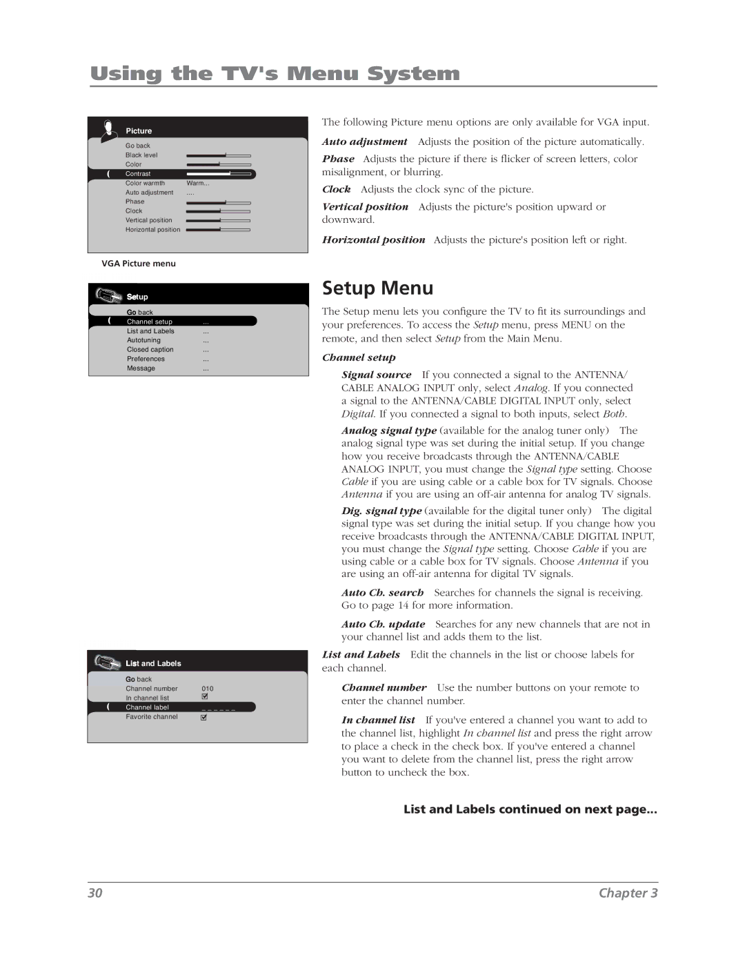 RCA L37WD12 manual Setup Menu, VGA Picture menu 