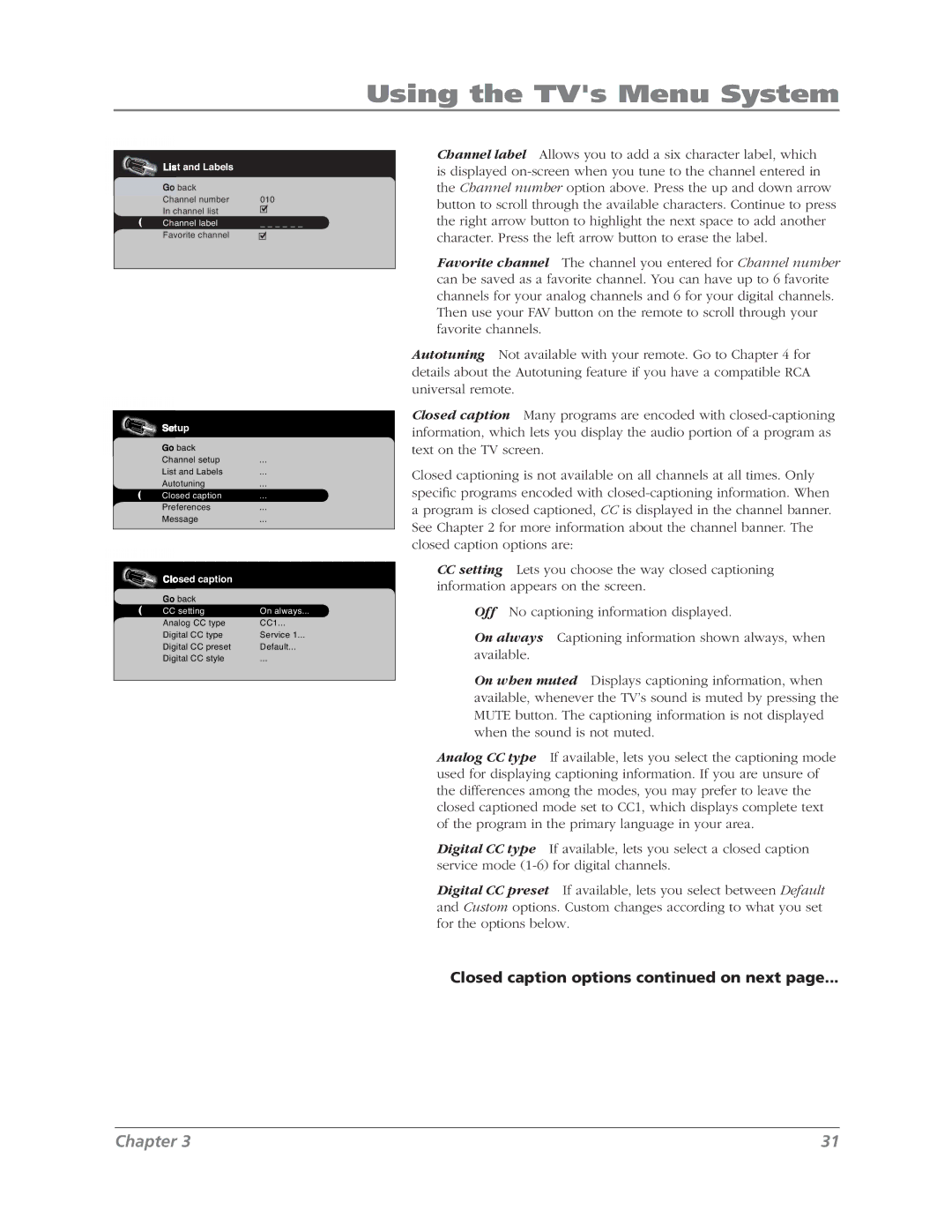 RCA L37WD12 manual Closed caption options on next 