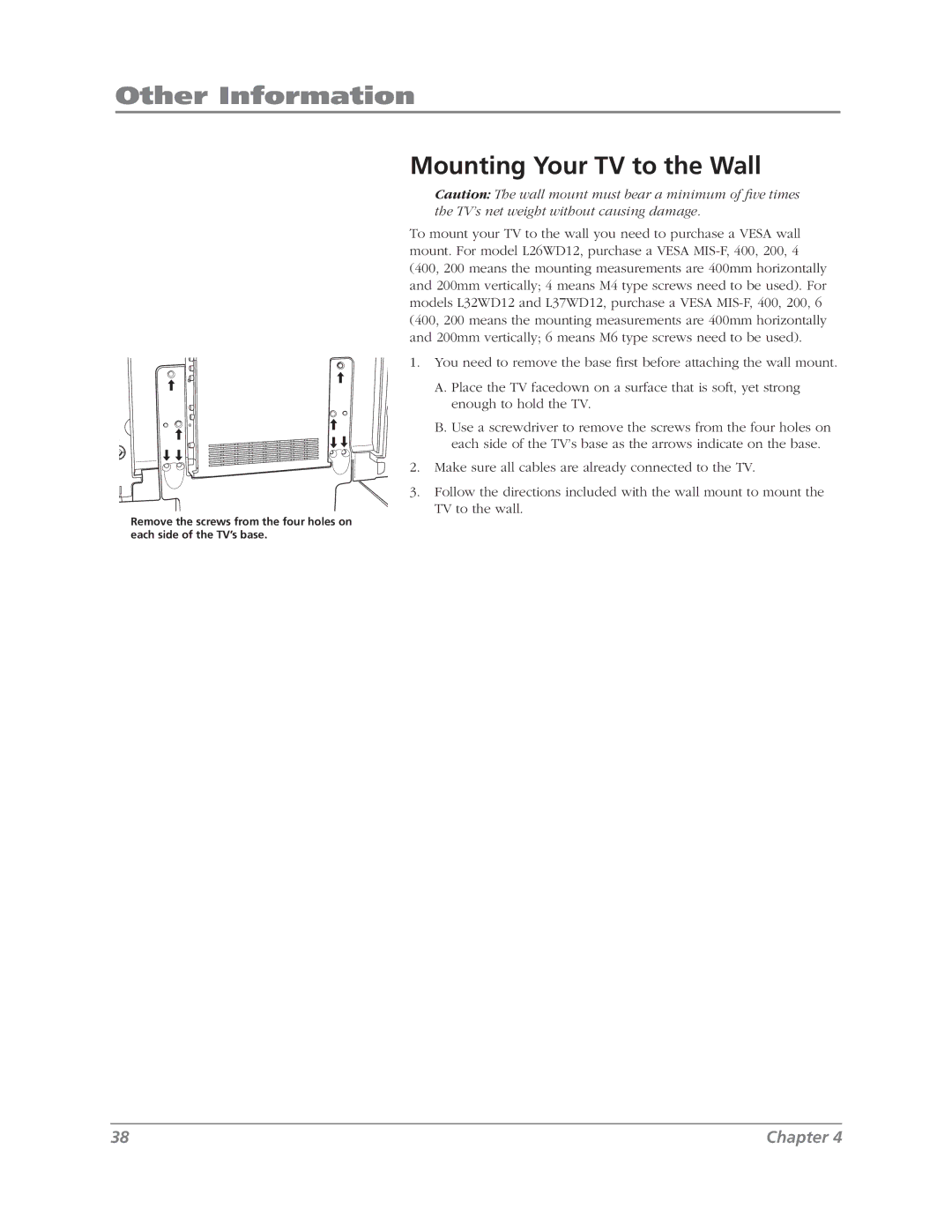 RCA L37WD12 manual Mounting Your TV to the Wall 