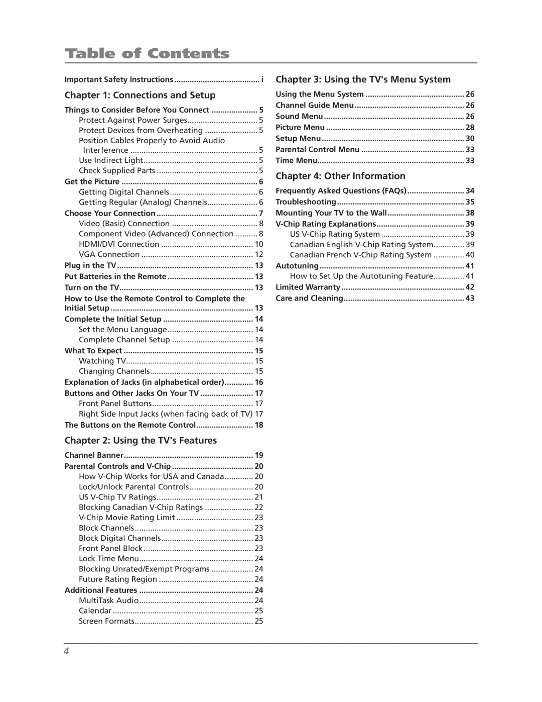 RCA L37WD12 manual Table of Contents 