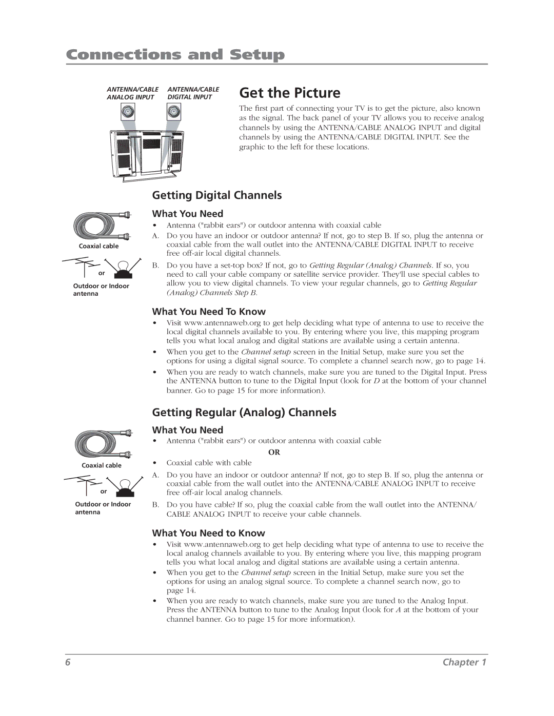 RCA L37WD12 manual Connections and Setup, Get the Picture, Getting Digital Channels, Getting Regular Analog Channels 