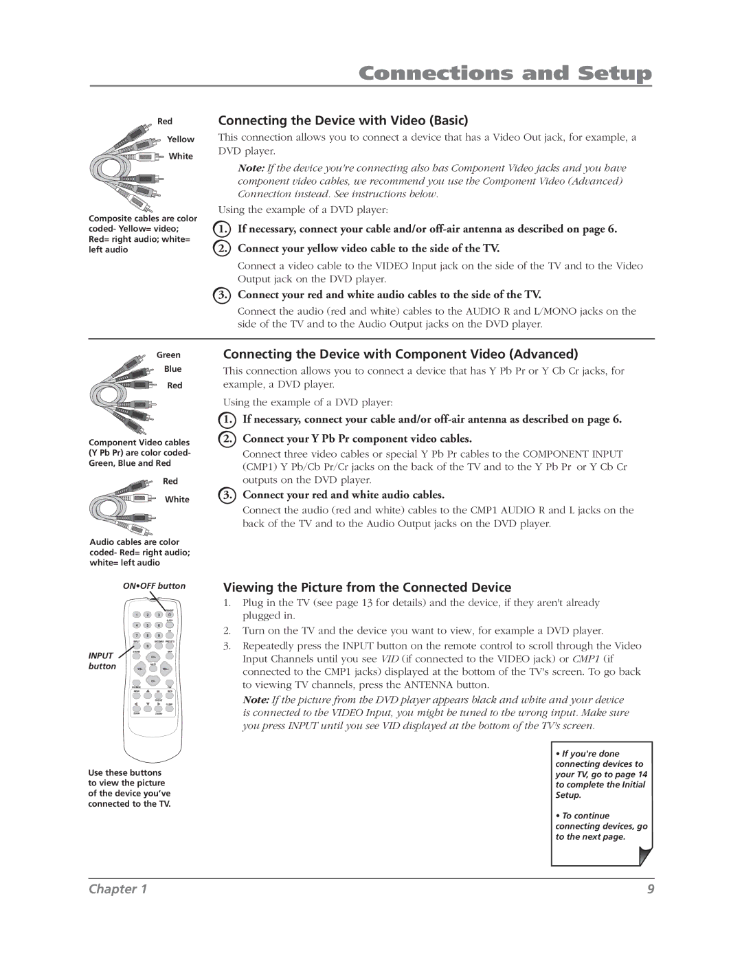 RCA L37WD12 manual Red Connecting the Device with Video Basic, Connecting the Device with Component Video Advanced 