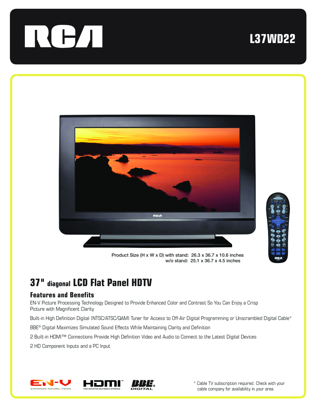 RCA L37WD22 manual diagonal LCD Flat Panel HDTV, Features and Benefits 