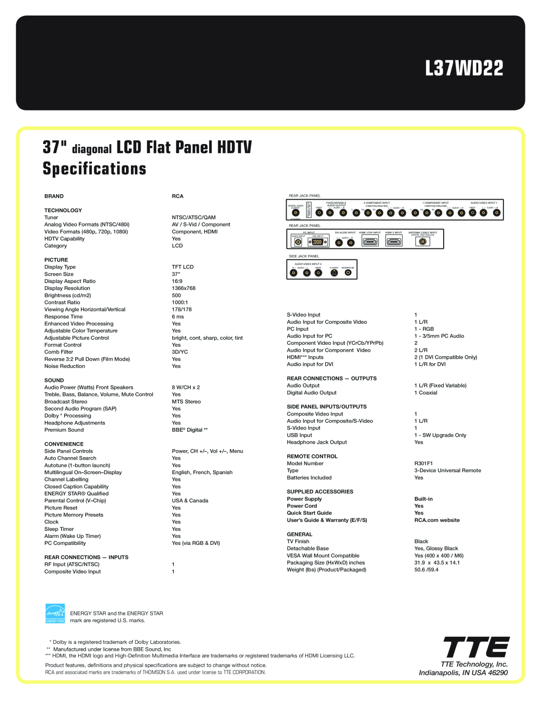 RCA L37WD22 manual diagonal LCD Flat Panel HDTV Specifications, TTE Technology, Inc. Indianapolis, IN USA 