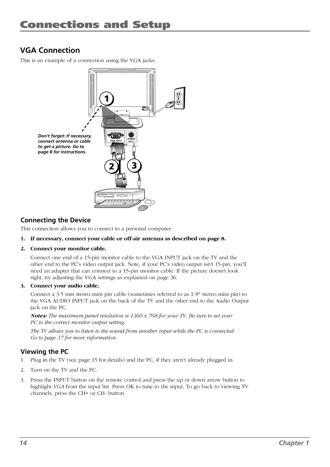 RCA L32WD23, L37WD23, L26WD22, L32WD22, L26WD23 warranty VGA Connection, Viewing the PC 