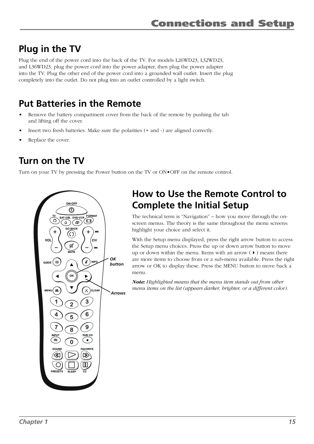 RCA L37WD23, L26WD22, L32WD22, L26WD23, L32WD23 warranty Plug in the TV, Put Batteries in the Remote, Turn on the TV 