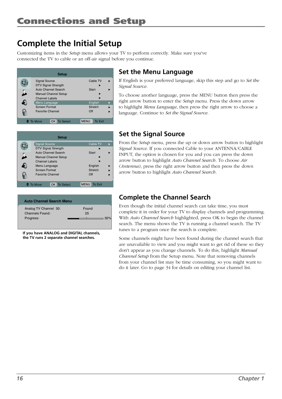 RCA L26WD22, L37WD23 Complete the Initial Setup, Set the Menu Language, Set the Signal Source, Complete the Channel Search 