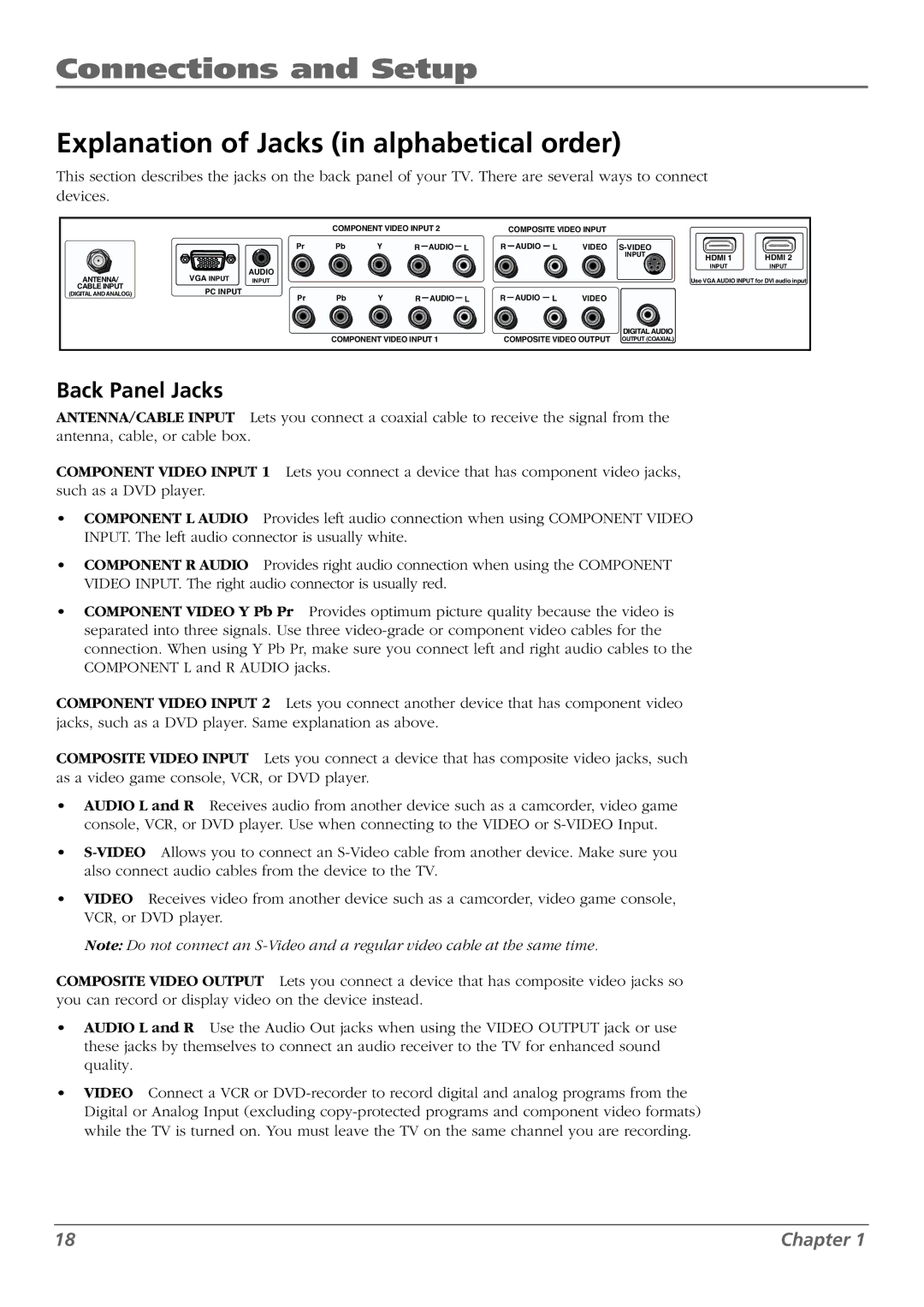 RCA L26WD23, L37WD23, L26WD22, L32WD22, L32WD23 warranty Explanation of Jacks in alphabetical order, Back Panel Jacks 