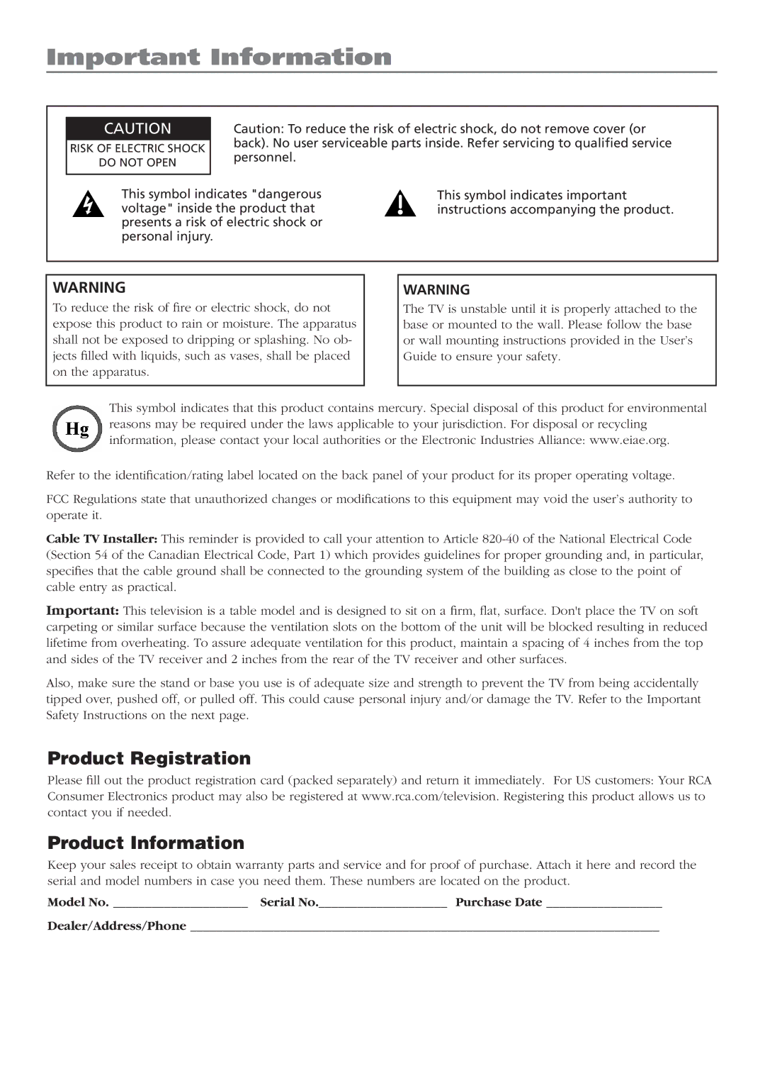 RCA L32WD22, L37WD23, L26WD22, L26WD23, L32WD23 warranty Important Information, Product Registration Product Information 