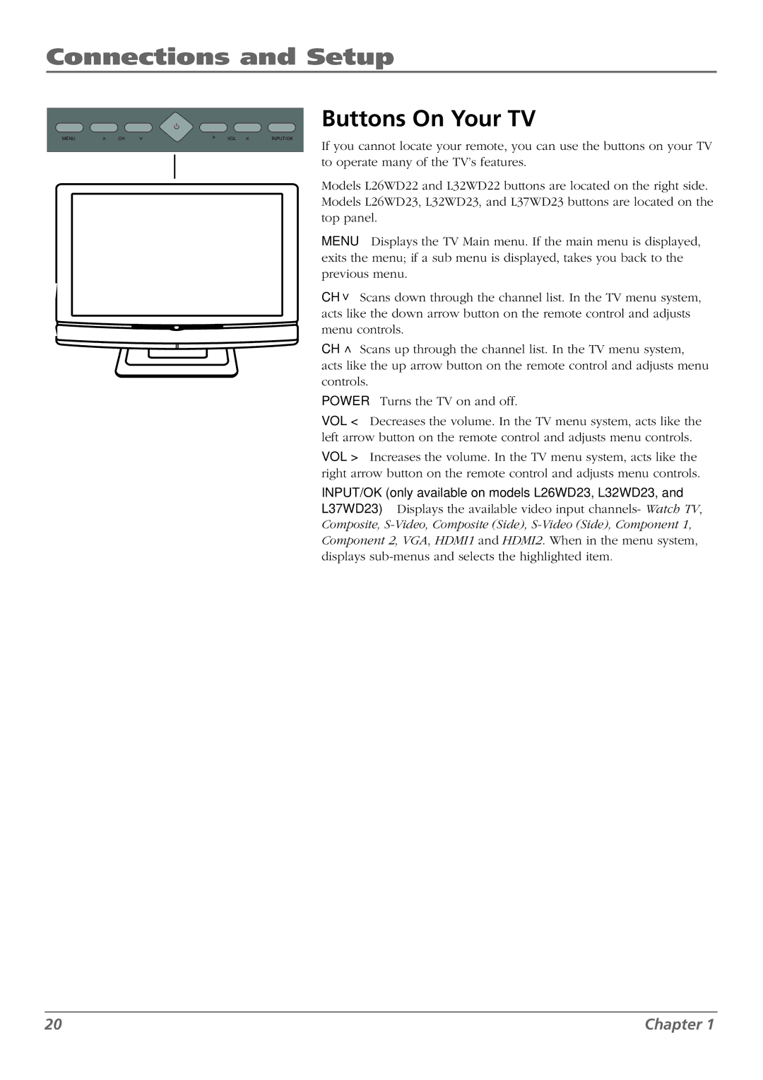 RCA L37WD23, L26WD22, L32WD22, L26WD23 warranty Buttons On Your TV, Scans down through the channel list. In the TV menu system 