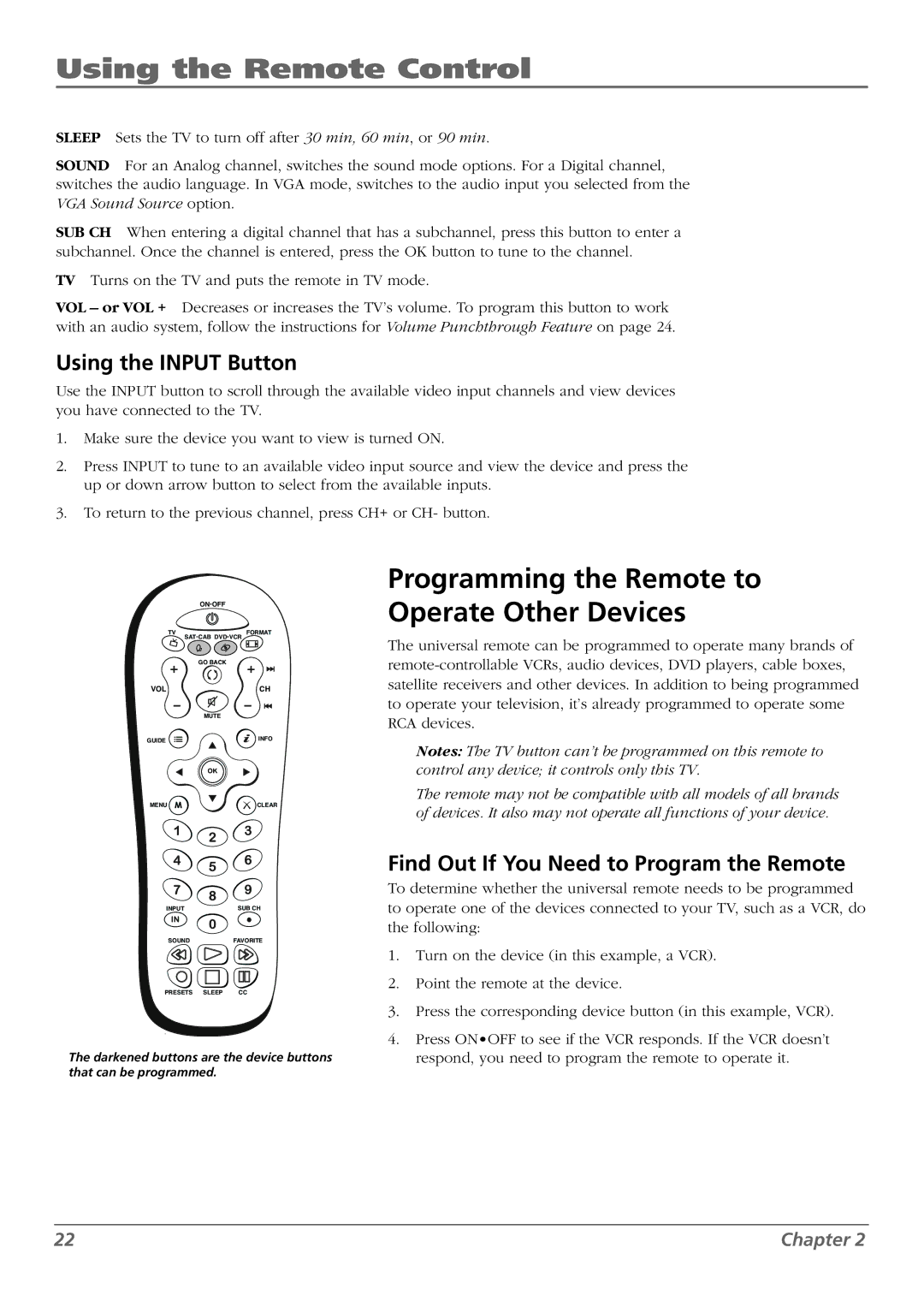 RCA L32WD22, L37WD23 Using the Remote Control, Programming the Remote to Operate Other Devices, Using the Input Button 