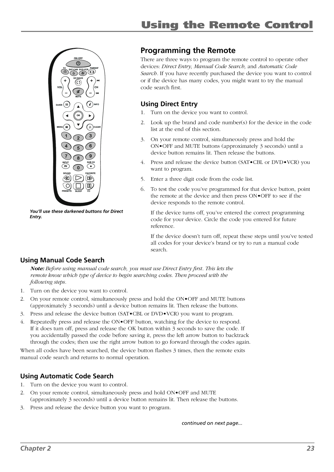 RCA L26WD23, L37WD23 Programming the Remote, Using Direct Entry, Using Manual Code Search, Using Automatic Code Search 