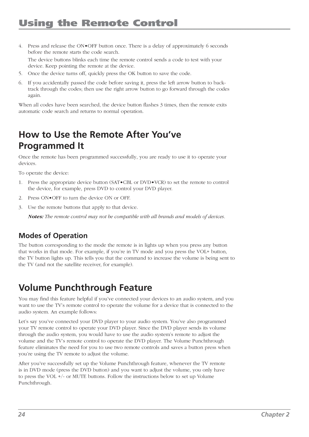 RCA L32WD23, L37WD23 How to Use the Remote After You’ve Programmed It, Volume Punchthrough Feature, Modes of Operation 