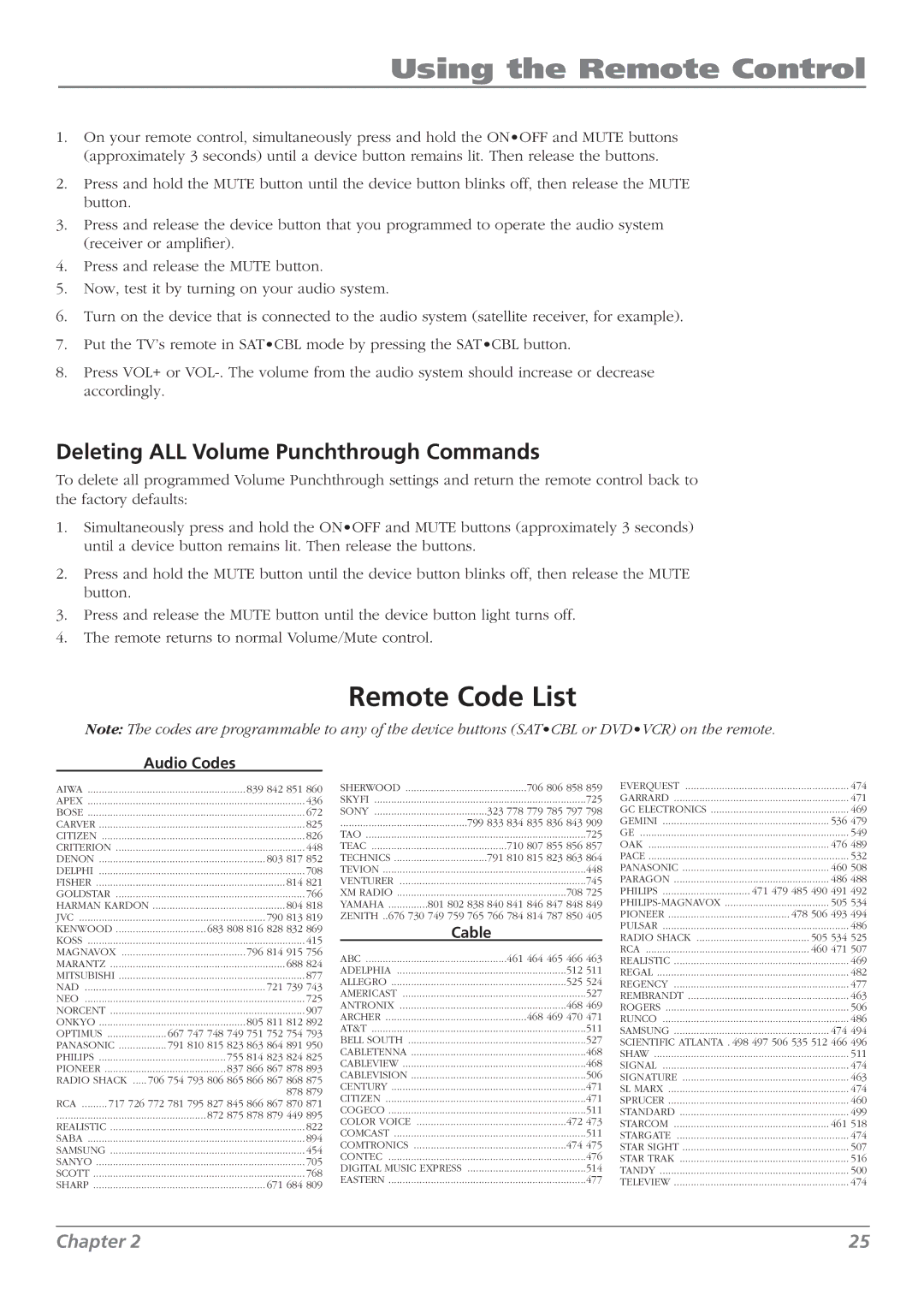 RCA L37WD23, L26WD22, L32WD22, L26WD23 Remote Code List, Deleting ALL Volume Punchthrough Commands, Audio Codes, Cable 