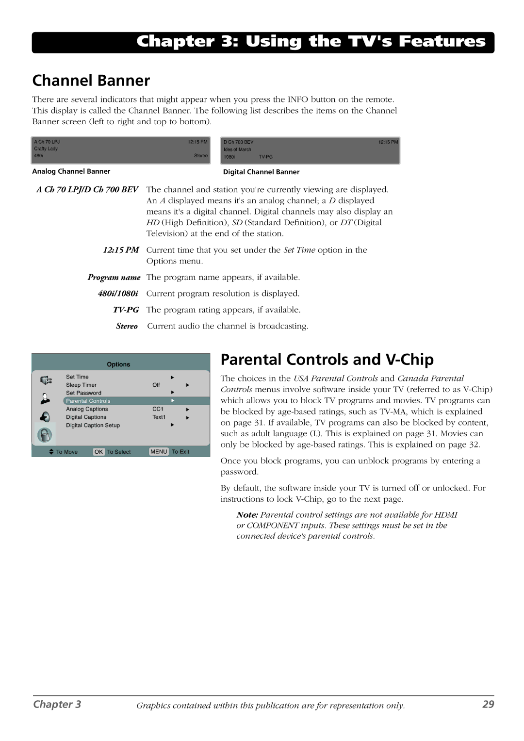 RCA L32WD23, L37WD23, L26WD22, L32WD22, L26WD23 warranty Channel Banner, Parental Controls and V-Chip 