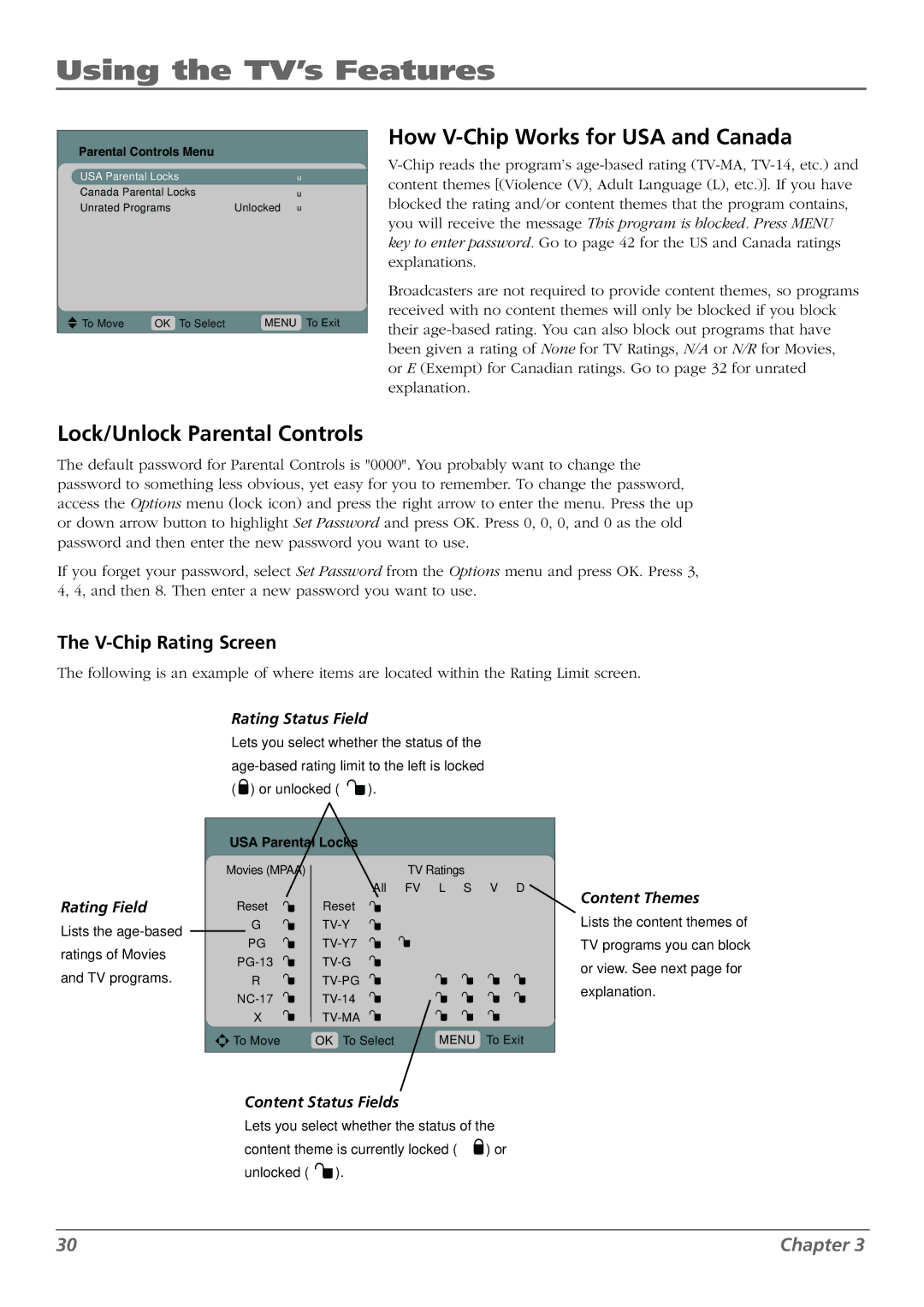 RCA L37WD23, L26WD22, L32WD22 Using the TV’s Features, How V-Chip Works for USA and Canada, Lock/Unlock Parental Controls 