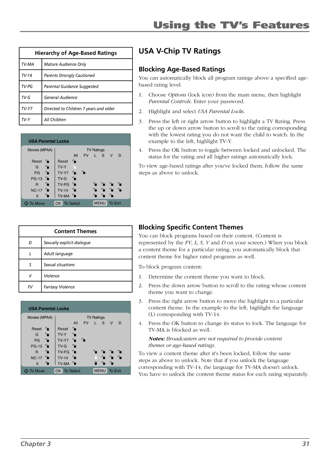 RCA L26WD22, L37WD23, L32WD22, L26WD23 USA V-Chip TV Ratings, Blocking Age-Based Ratings, Blocking Speciﬁc Content Themes 